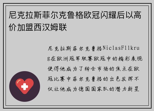 尼克拉斯菲尔克鲁格欧冠闪耀后以高价加盟西汉姆联