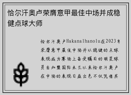 恰尔汗奥卢荣膺意甲最佳中场并成稳健点球大师