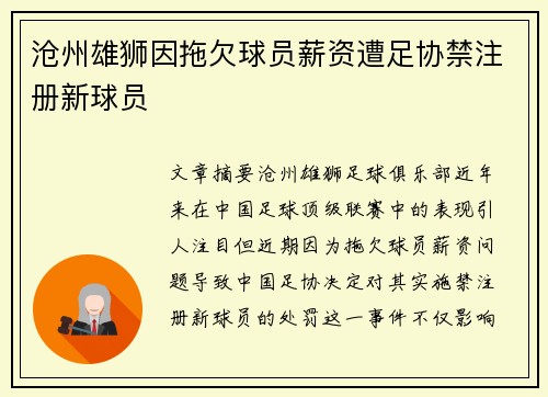 沧州雄狮因拖欠球员薪资遭足协禁注册新球员
