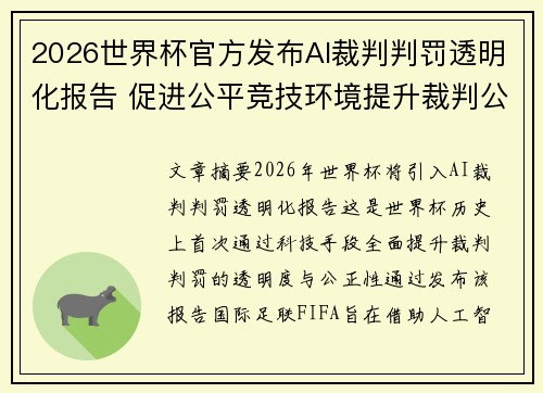 2026世界杯官方发布AI裁判判罚透明化报告 促进公平竞技环境提升裁判公信力